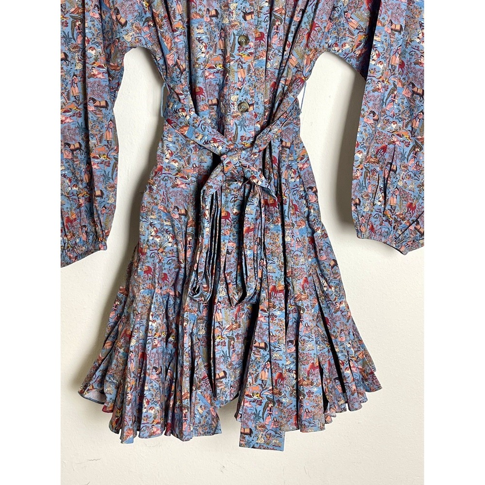 RHODE Emma Dress Midnight Garden Blue Tie Waist Flutter Hem Toile Print M - Picture 3 of 15